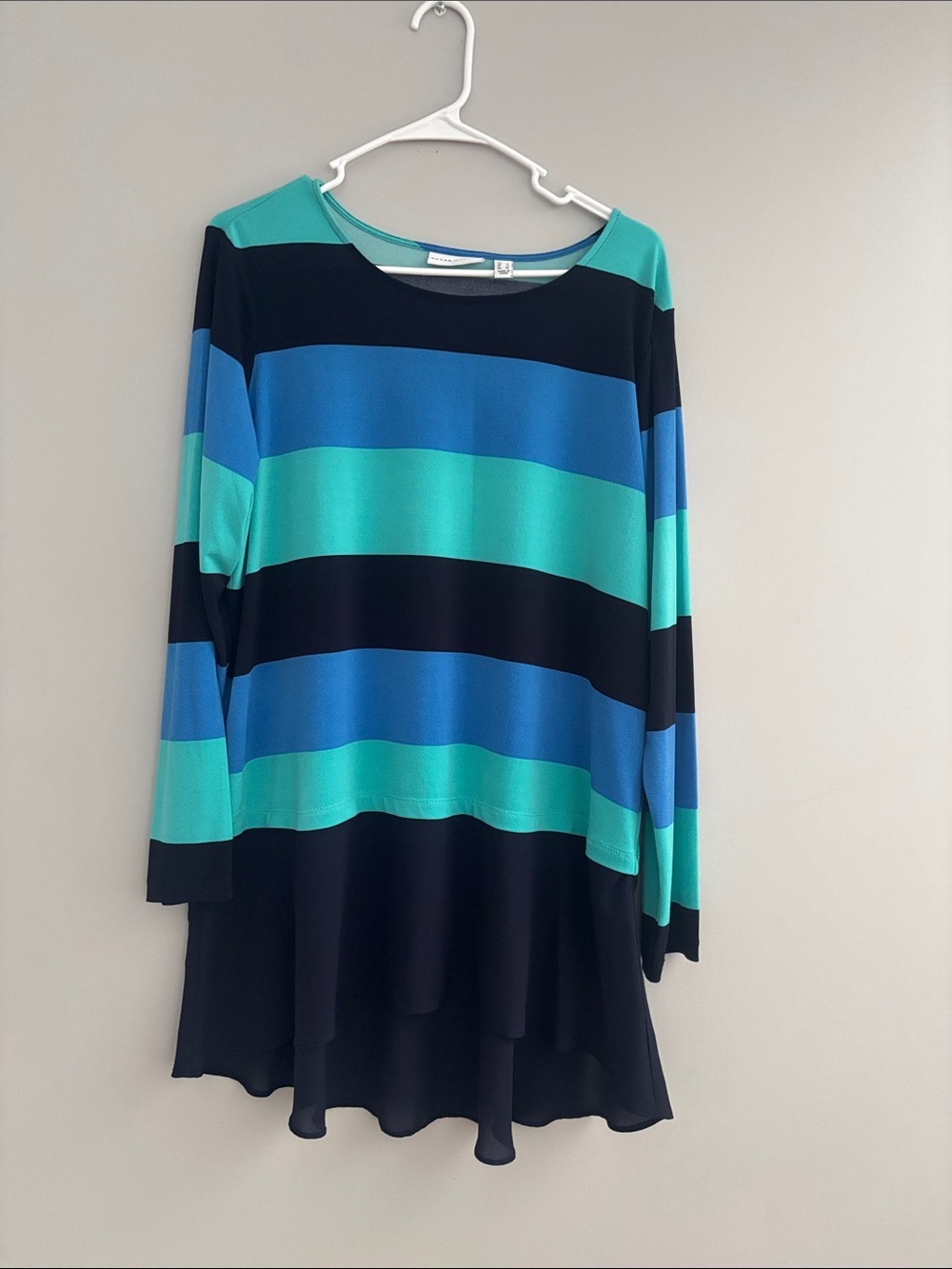 Susan Graver Relaxed Stripe Swing Tunic in Teal, Blue & Black